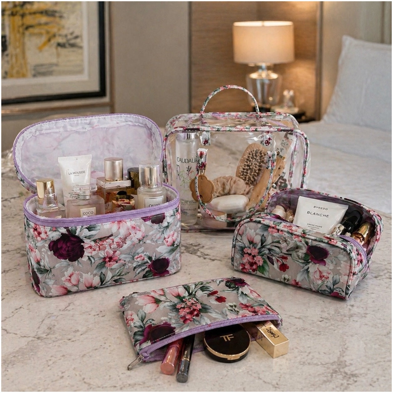 4-Piece Floral Travel Toiletry and Makeup Bag Set–Pretty Organised Storage