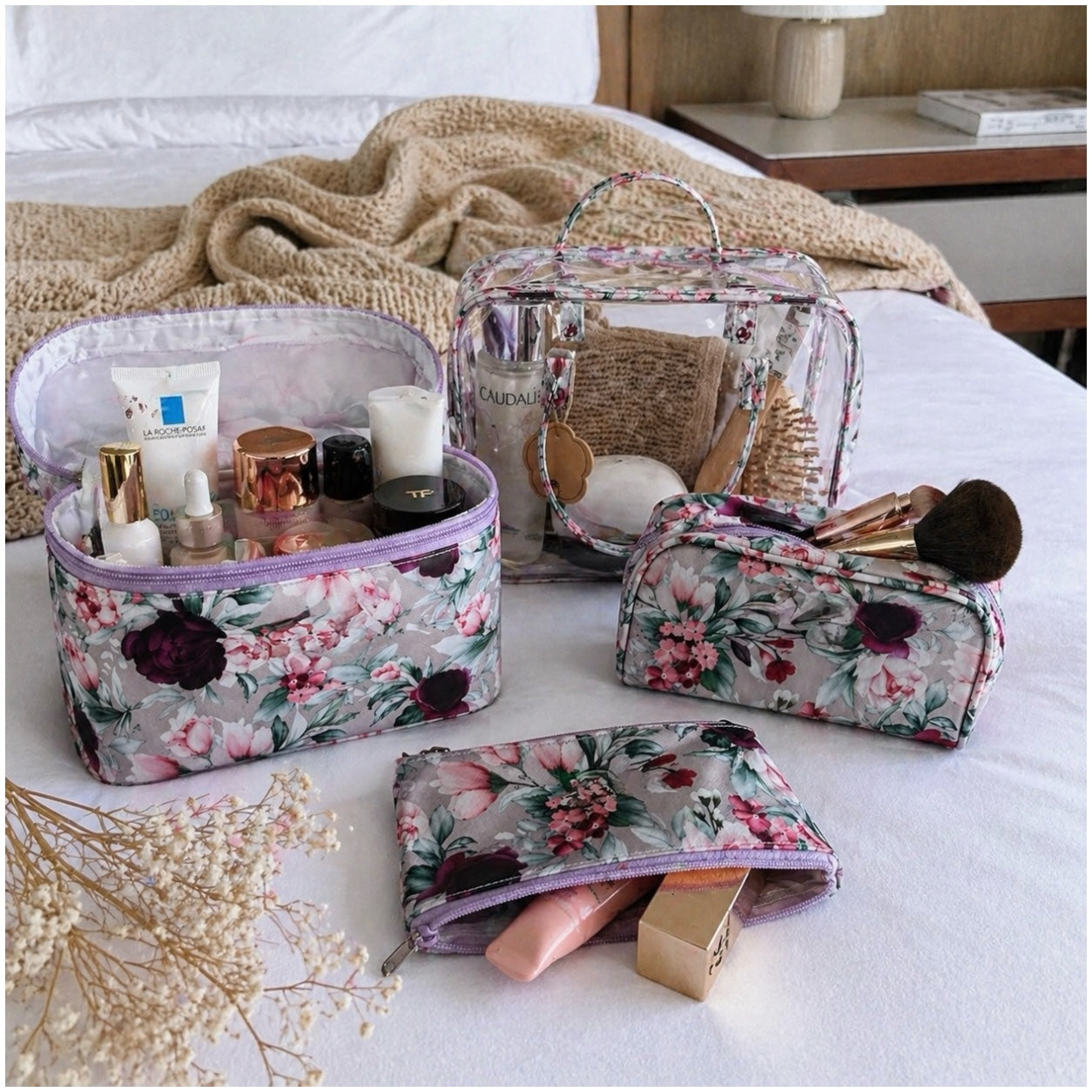 4-Piece Floral Travel Toiletry and Makeup Bag Set–Pretty Organised Storage