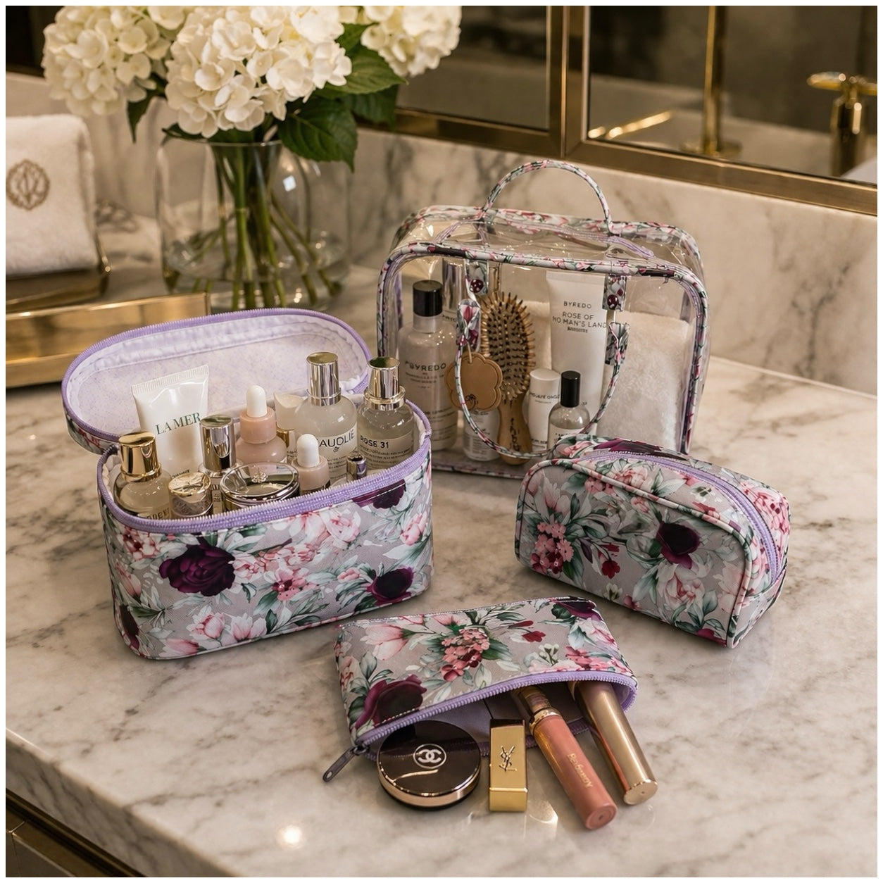 4-Piece Floral Travel Toiletry and Makeup Bag Set–Pretty Organised Storage