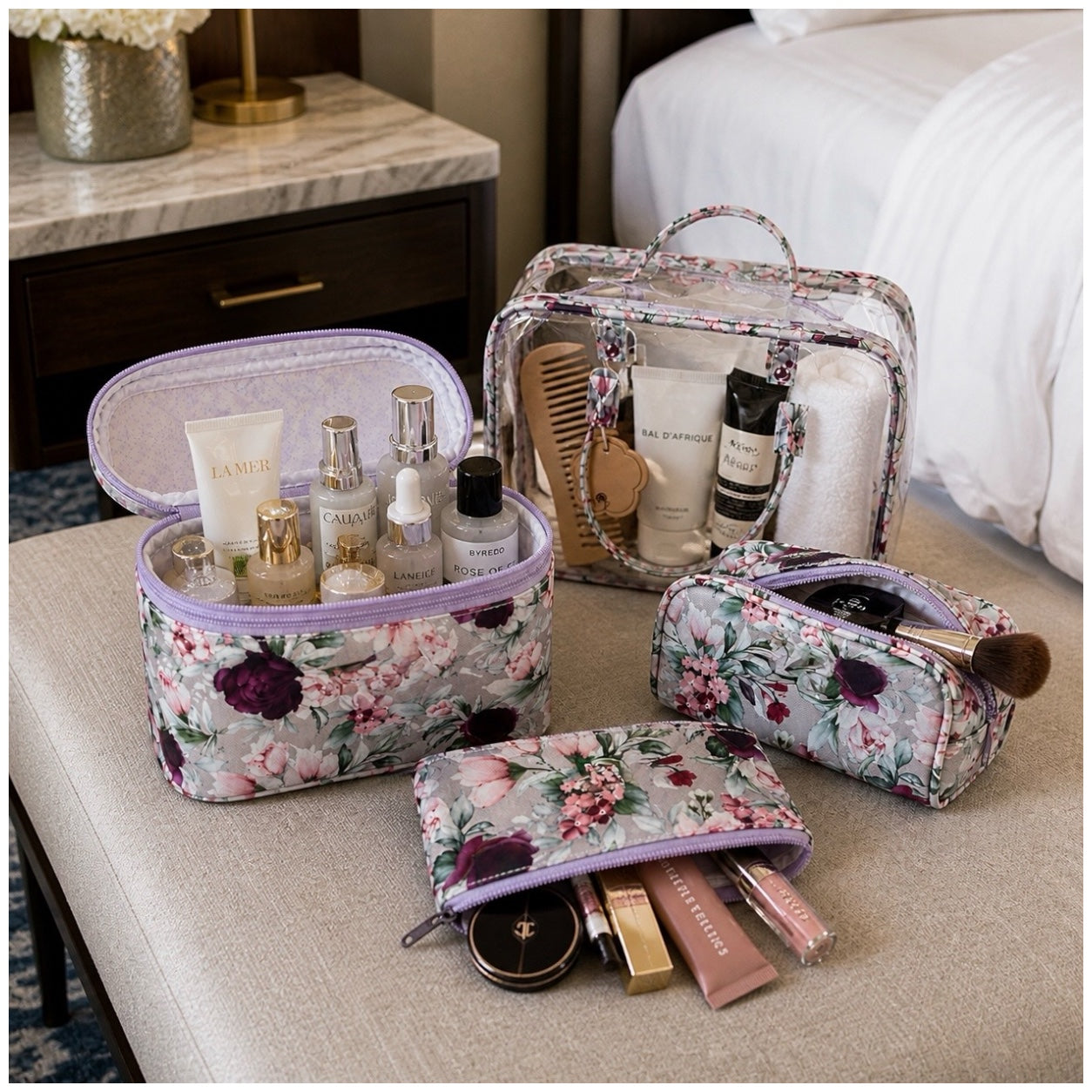 4-Piece Floral Travel Toiletry and Makeup Bag Set–Pretty Organised Storage