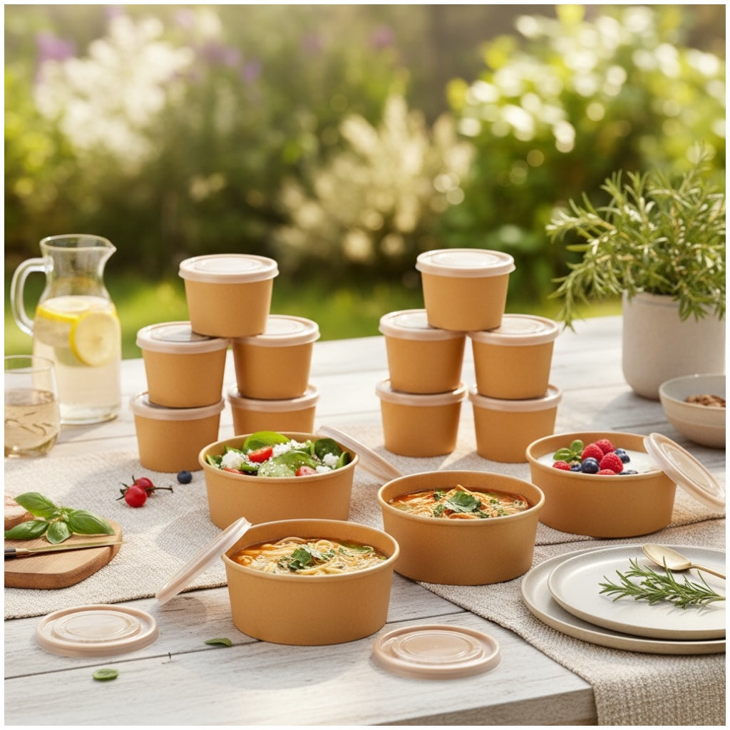 15-Piece Kraft Food Bowls with Lids - 1L Food Storage Disposable Bowls