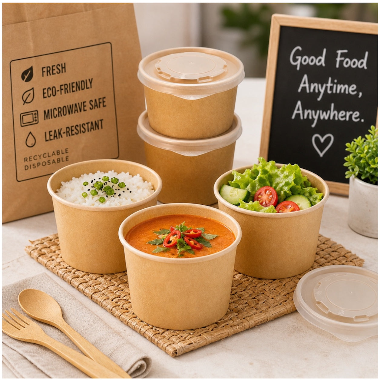 15-Piece Kraft Food Bowls with Lids - 1L Food Storage Disposable Bowls