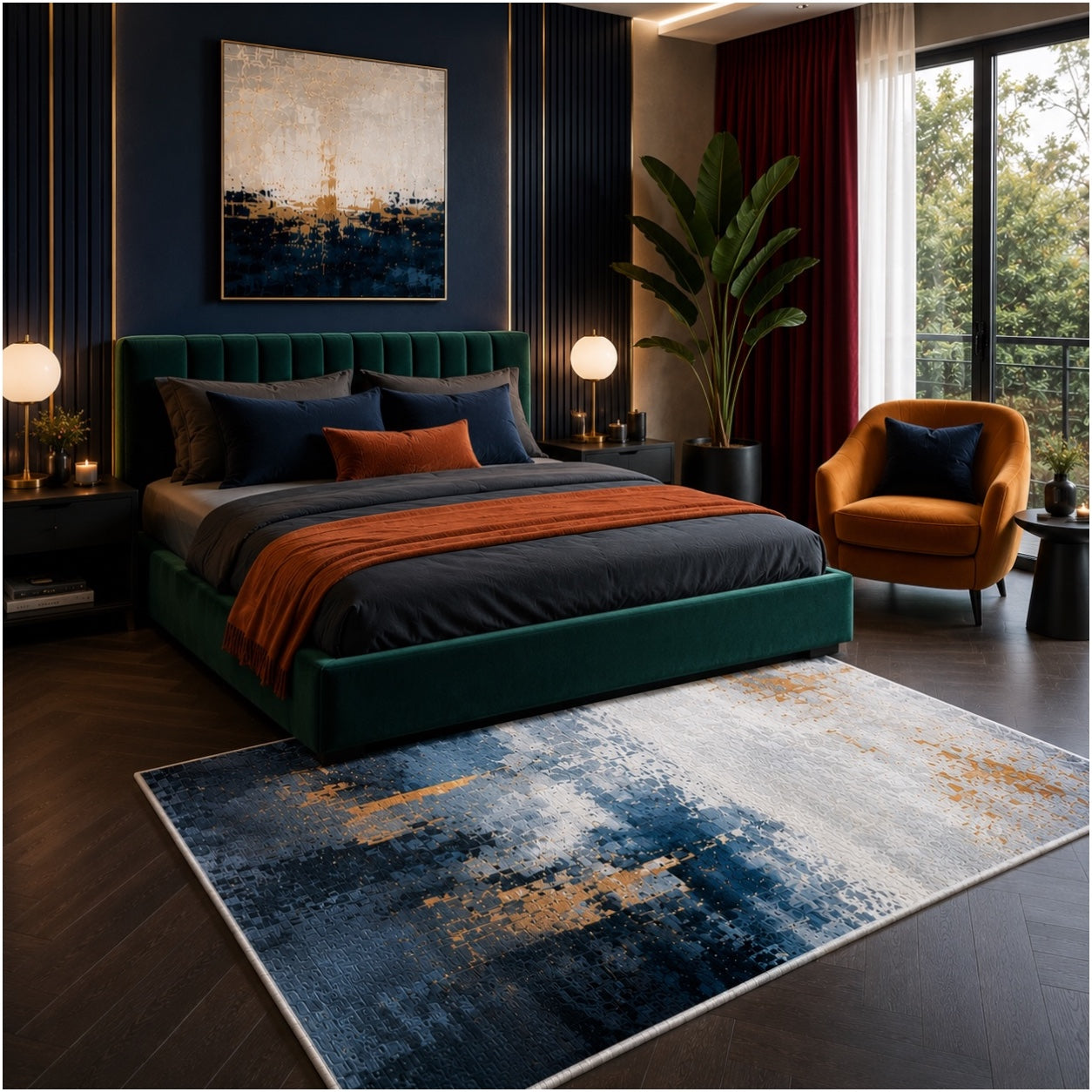 Beautiful Abstract Modern Polyester Area Rug -120 x 180cm - Blue Gold Grey