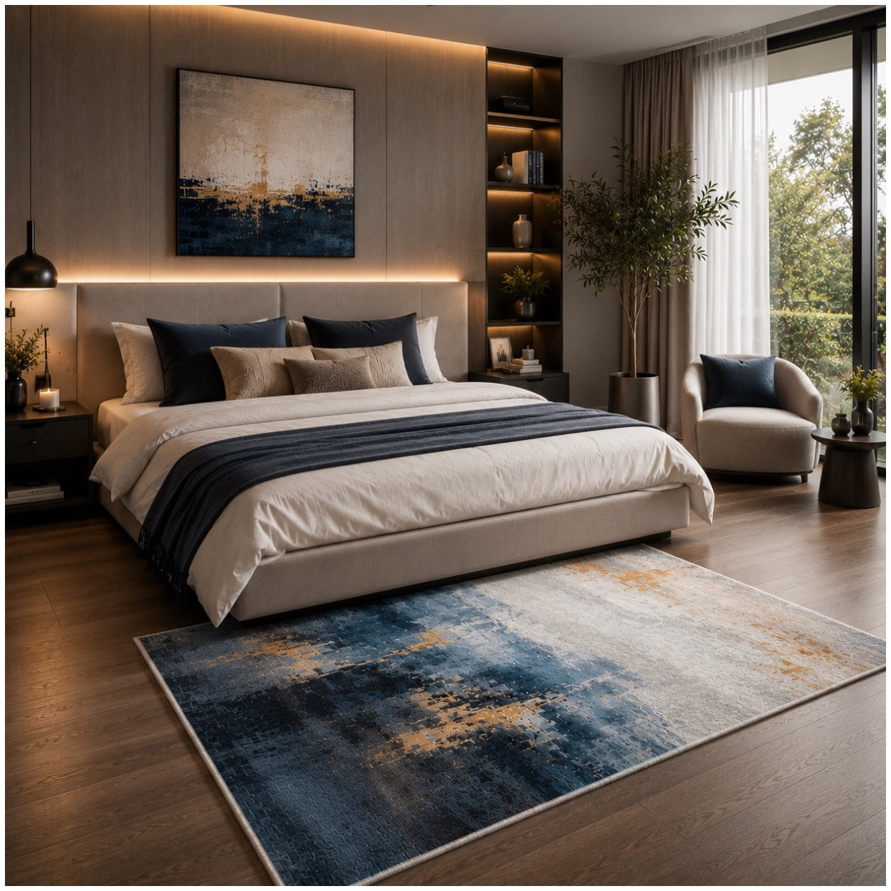 Beautiful Abstract Modern Polyester Area Rug -120 x 180cm - Blue Gold Grey