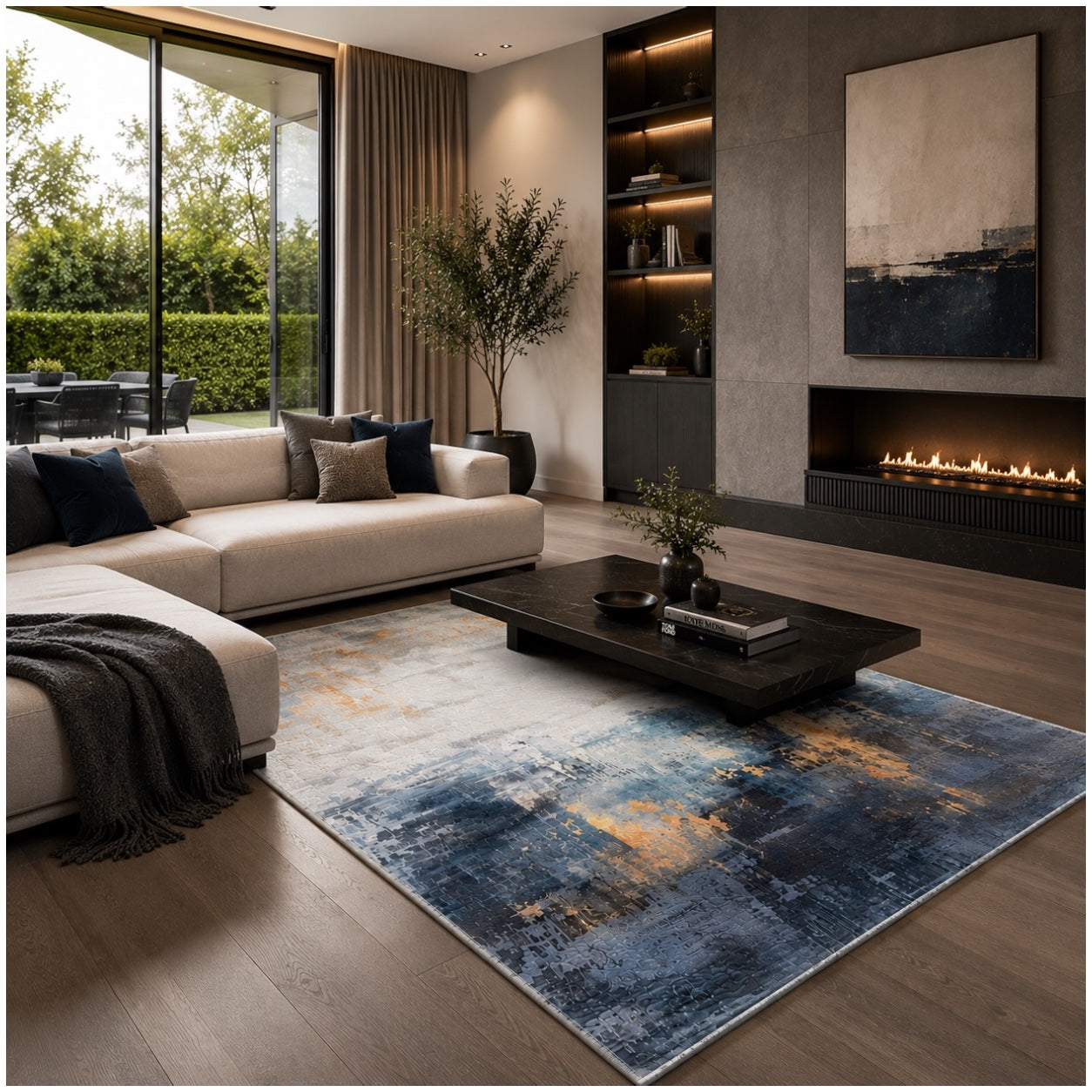 Beautiful Abstract Modern Polyester Area Rug -120 x 180cm - Blue Gold Grey