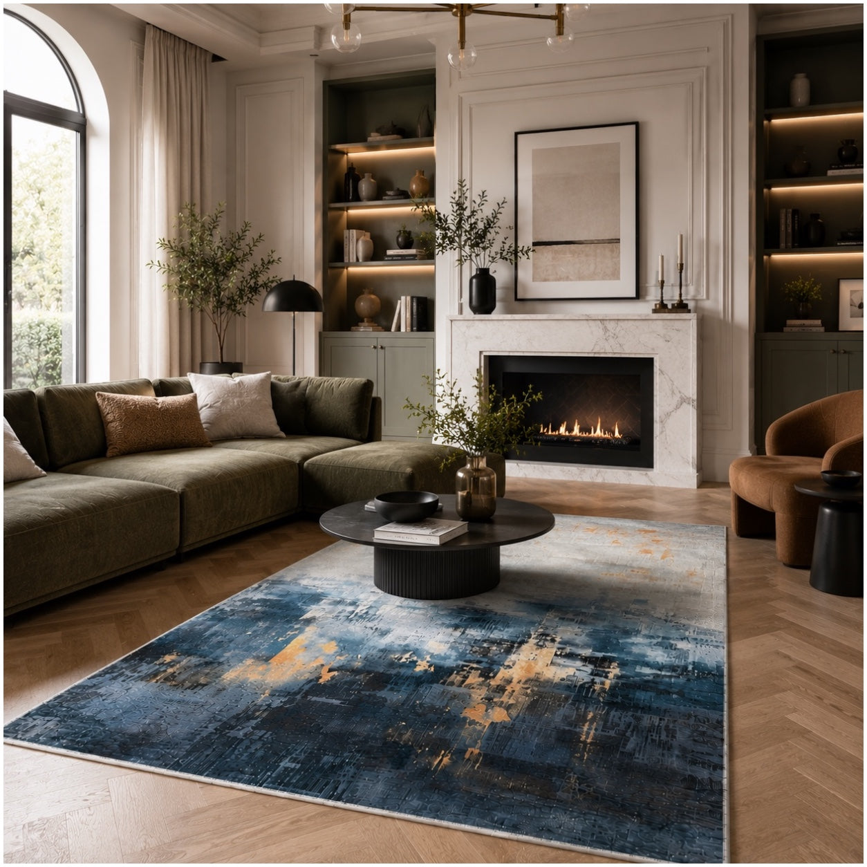 Beautiful Abstract Modern Polyester Area Rug -120 x 180cm - Blue Gold Grey