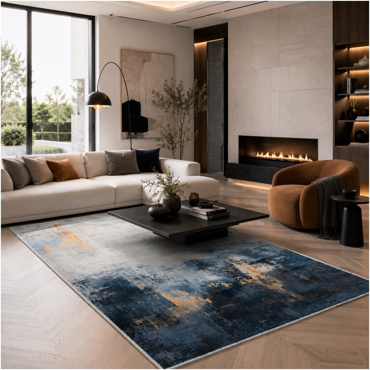 Beautiful Abstract Modern Polyester Area Rug -120 x 180cm - Blue Gold Grey