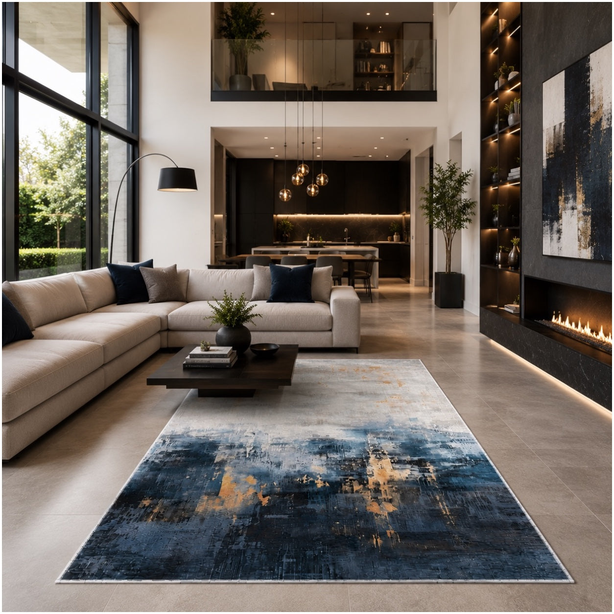 Beautiful Abstract Modern Polyester Area Rug -120 x 180cm - Blue Gold Grey