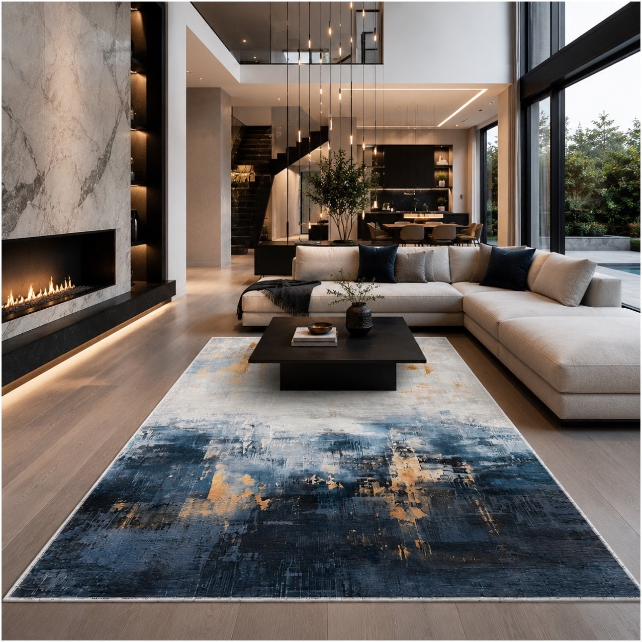 Beautiful Abstract Modern Polyester Area Rug -120 x 180cm - Blue Gold Grey