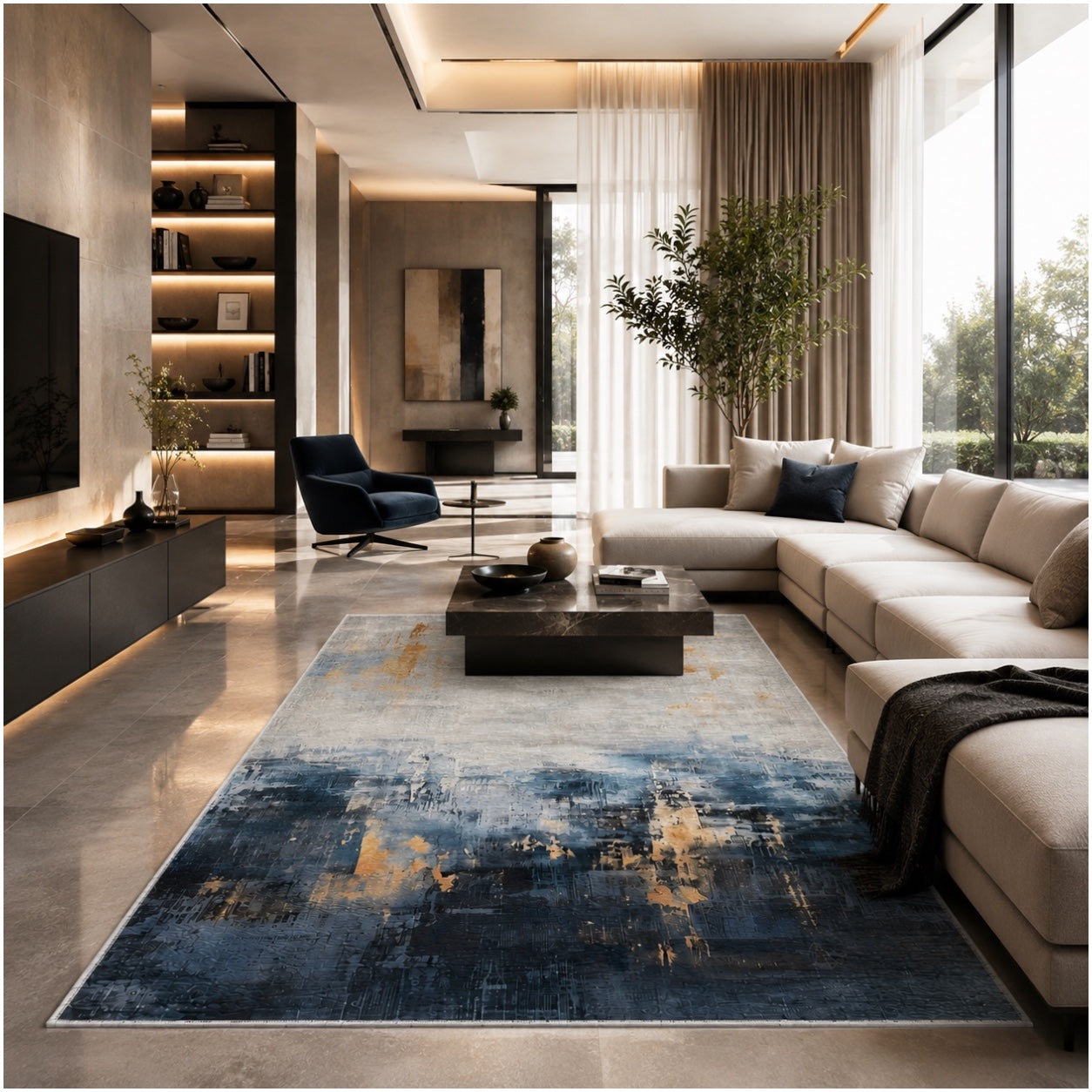 Beautiful Abstract Modern Polyester Area Rug -120 x 180cm - Blue Gold Grey