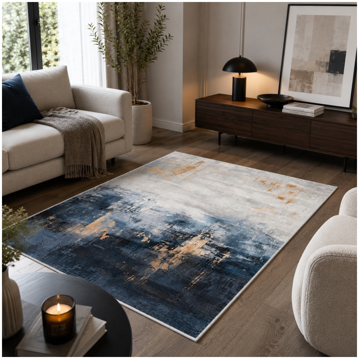 Beautiful Abstract Modern Polyester Area Rug -120 x 180cm - Blue Gold Grey