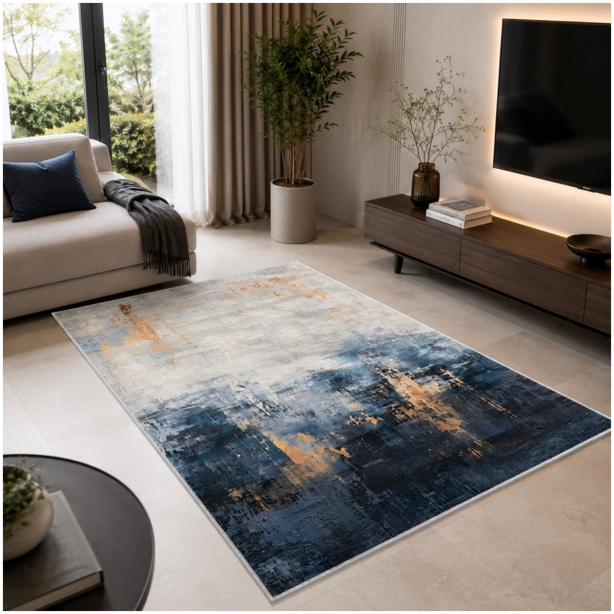 Beautiful Abstract Modern Polyester Area Rug -120 x 180cm - Blue Gold Grey