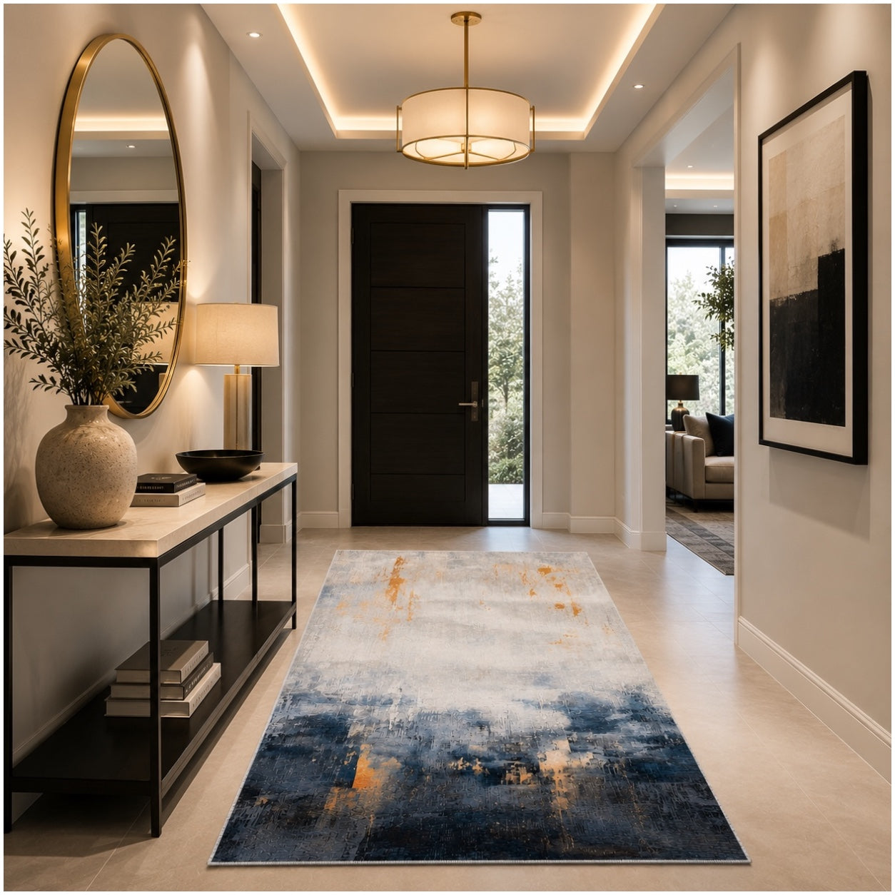 Beautiful Abstract Modern Polyester Area Rug -120 x 180cm - Blue Gold Grey