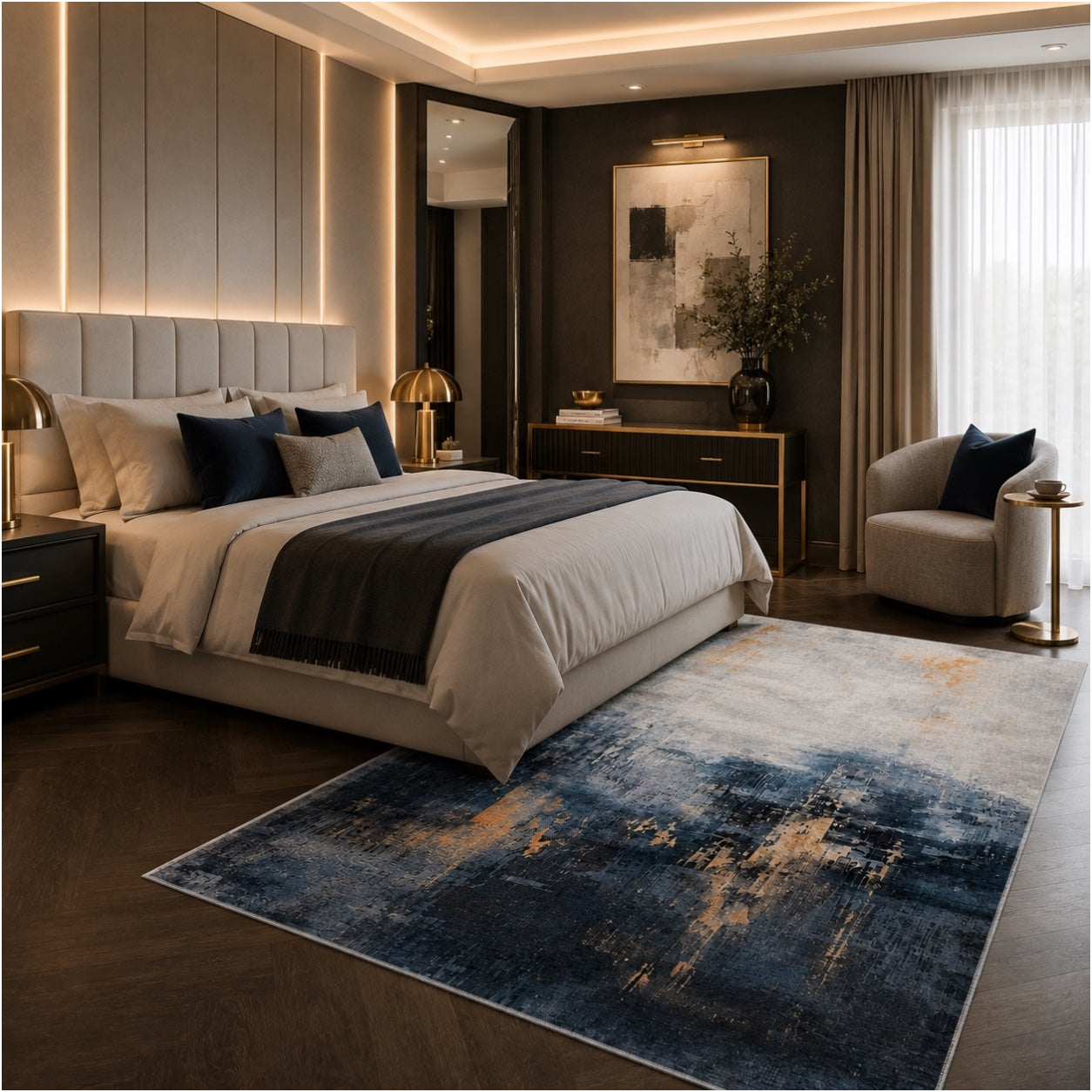 Beautiful Abstract Modern Polyester Area Rug -120 x 180cm - Blue Gold Grey