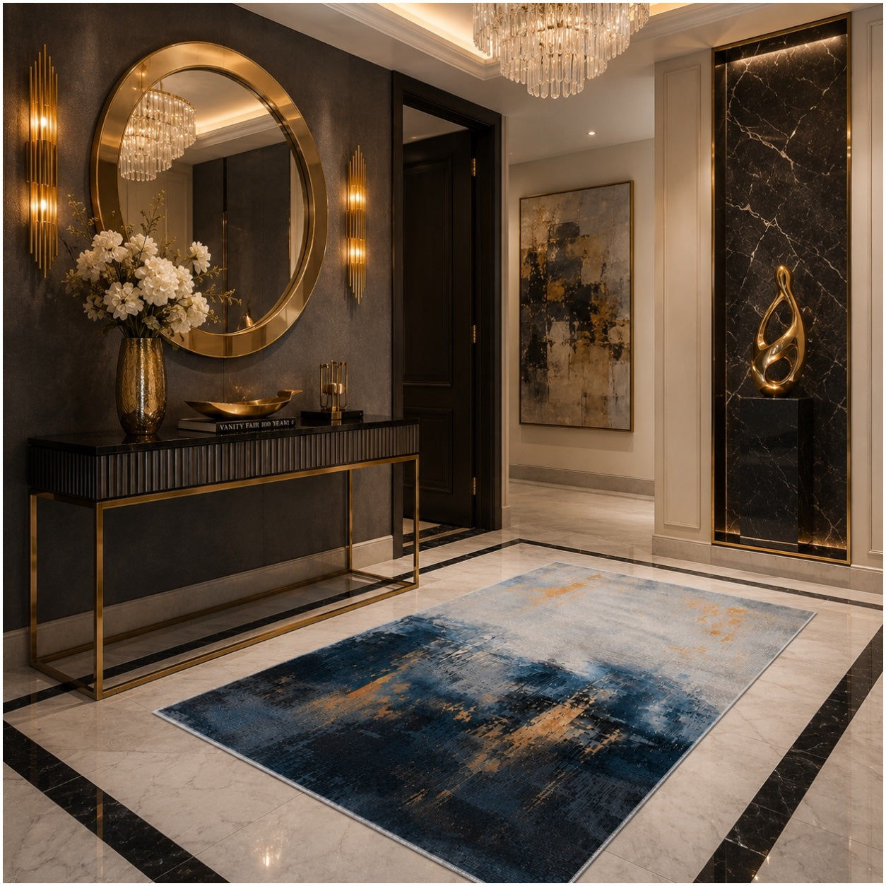 Beautiful Abstract Modern Polyester Area Rug -120 x 180cm - Blue Gold Grey