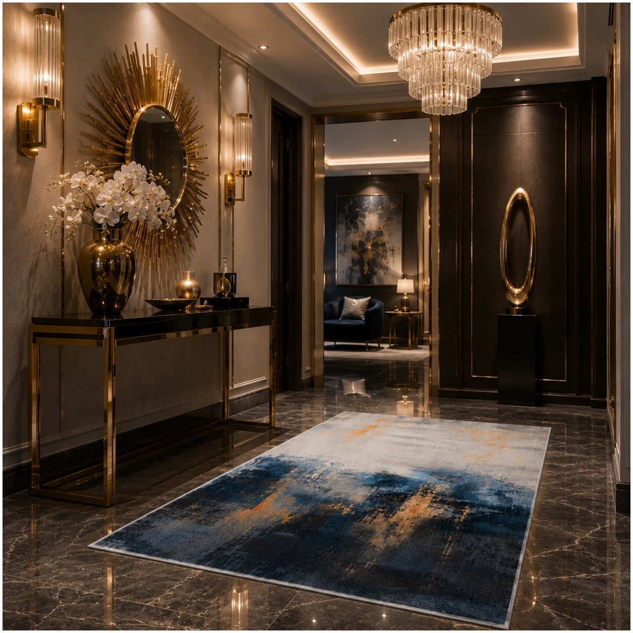 Beautiful Abstract Modern Polyester Area Rug -120 x 180cm - Blue Gold Grey