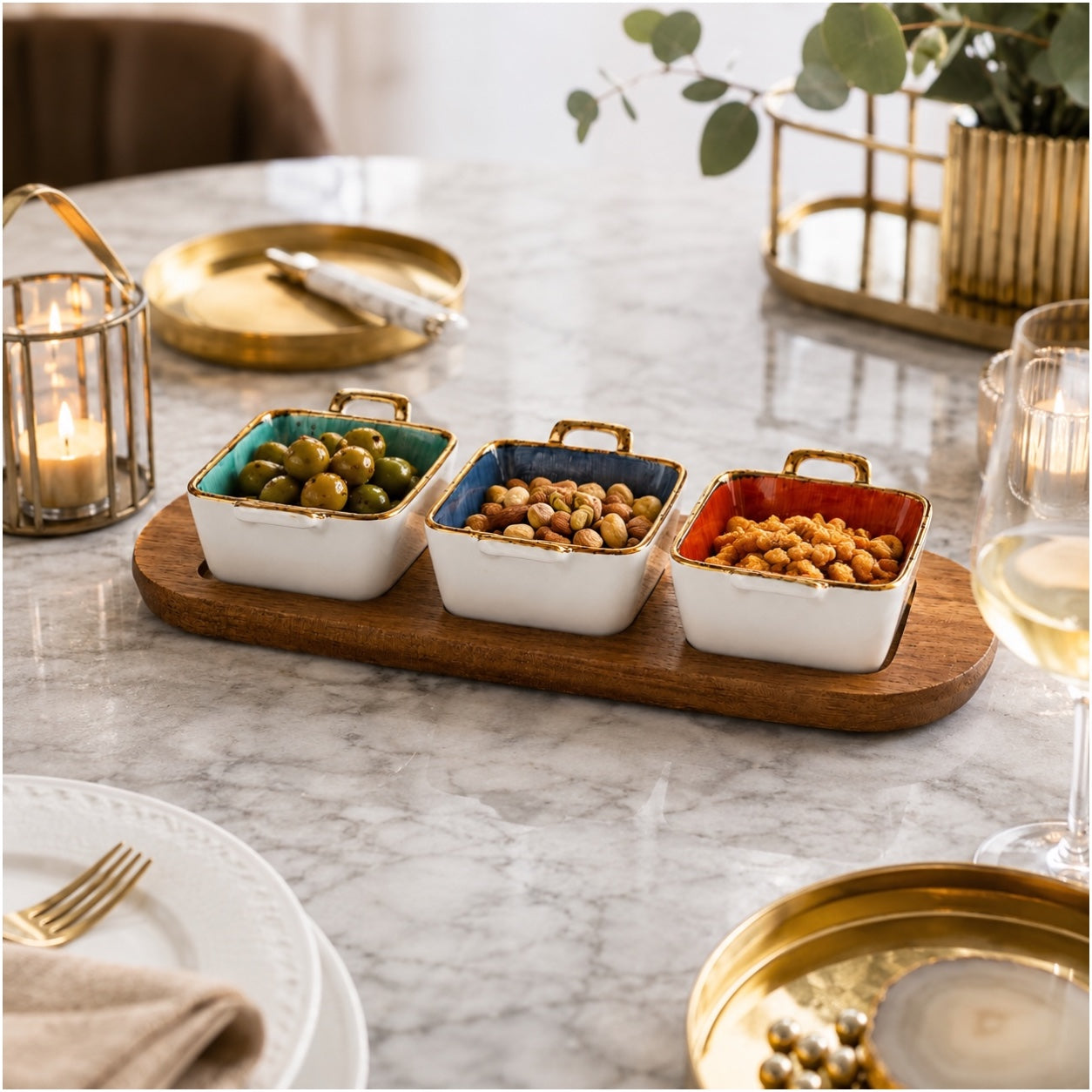 Elegant Ceramic Dessert Bowl Set with Acacia Wood Board - 4 Piece Set