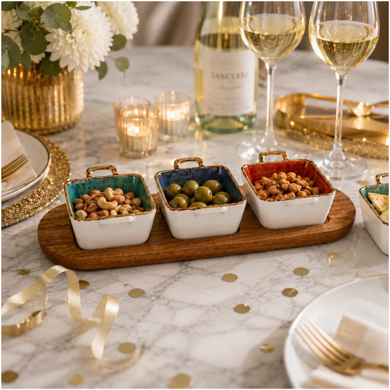 Elegant Ceramic Dessert Bowl Set with Acacia Wood Board - 4 Piece Set