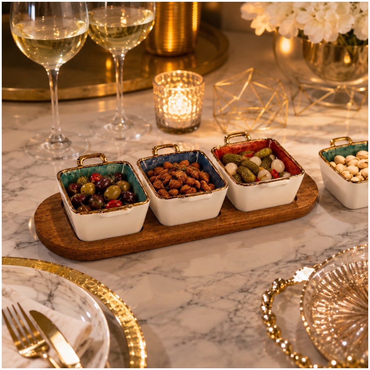 Elegant Ceramic Dessert Bowl Set with Acacia Wood Board - 4 Piece Set