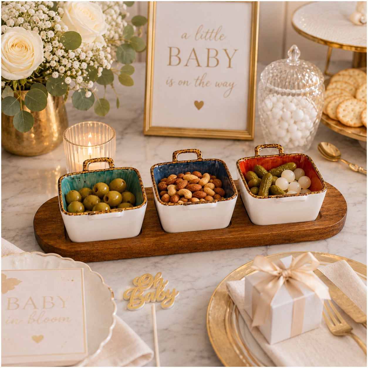 Elegant Ceramic Dessert Bowl Set with Acacia Wood Board - 4 Piece Set
