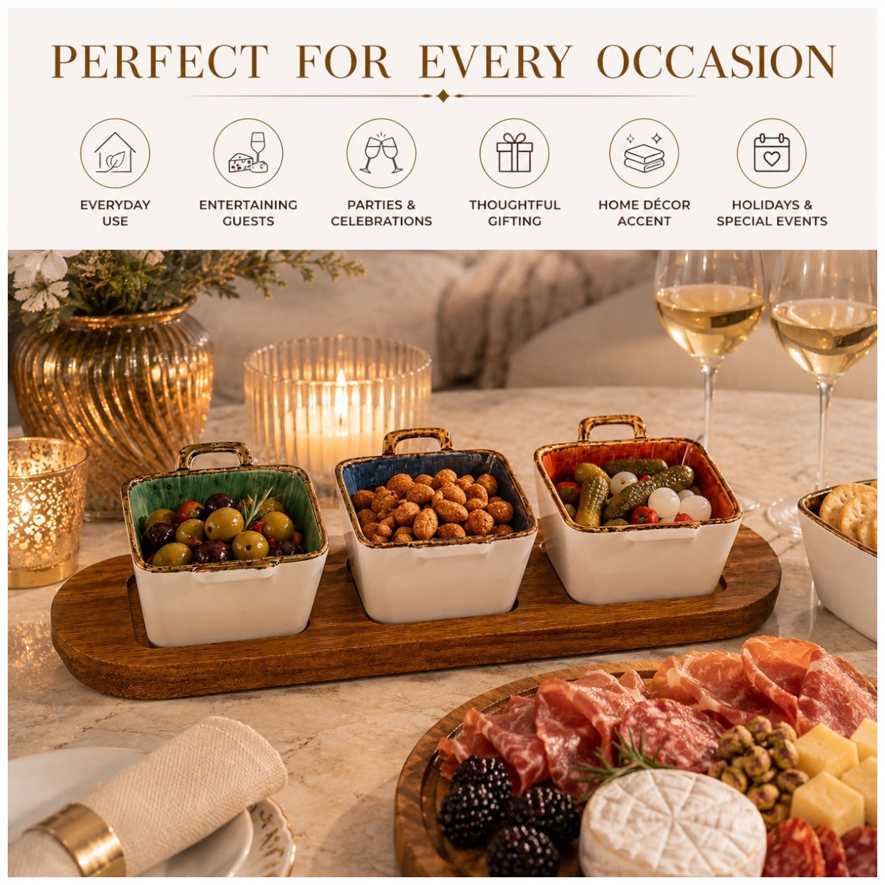 Elegant Ceramic Dessert Bowl Set with Acacia Wood Board - 4 Piece Set