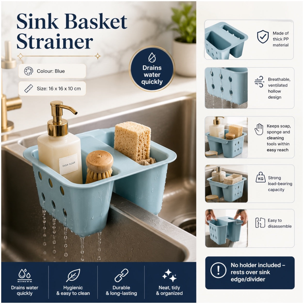 Essential Blue Sink Basket Strainer - Sponge Soap Holder - 16 x 16 x 10 cm