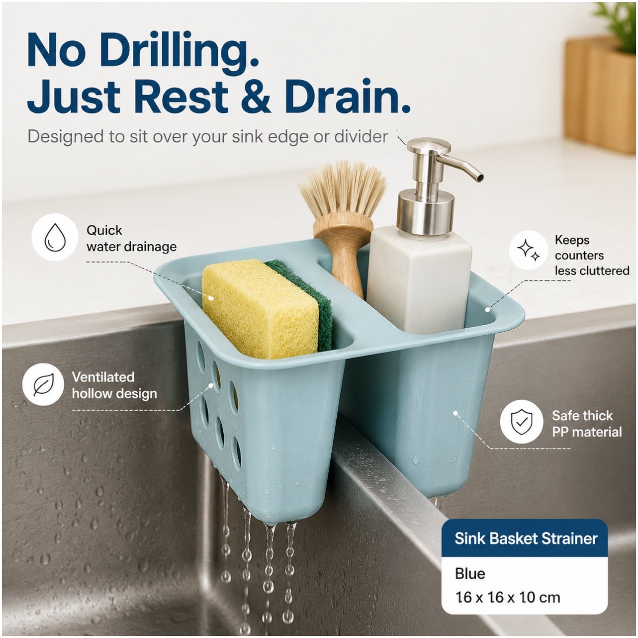 Essential Blue Sink Basket Strainer - Sponge Soap Holder - 16 x 16 x 10 cm