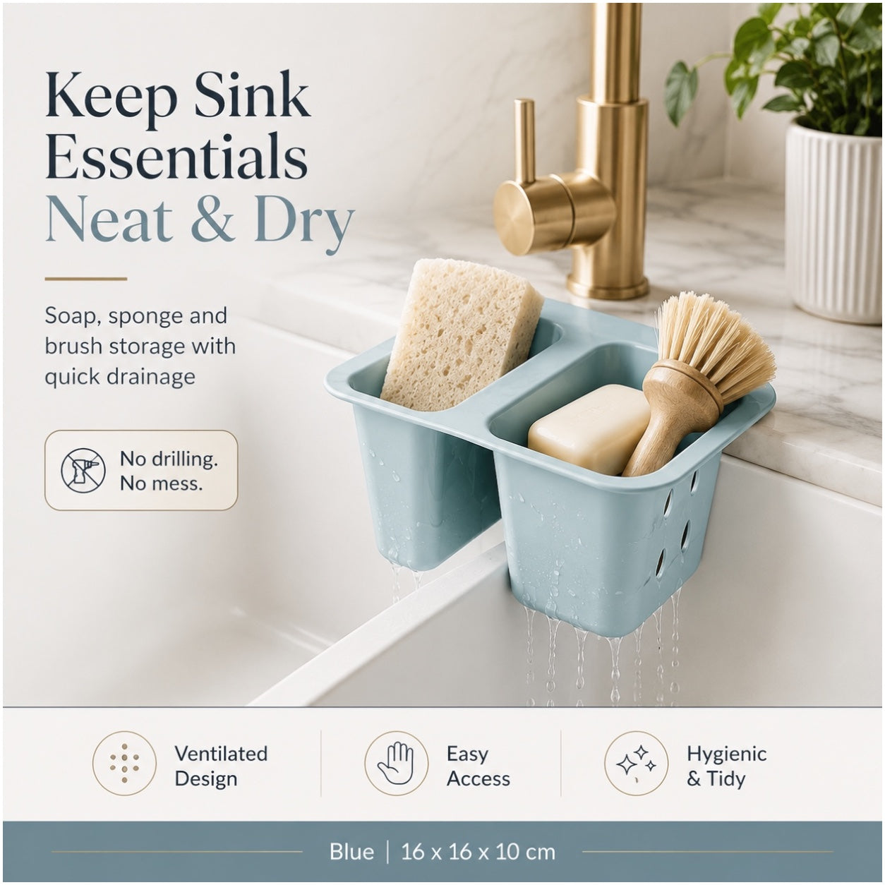 Essential Blue Sink Basket Strainer - Sponge Soap Holder - 16 x 16 x 10 cm