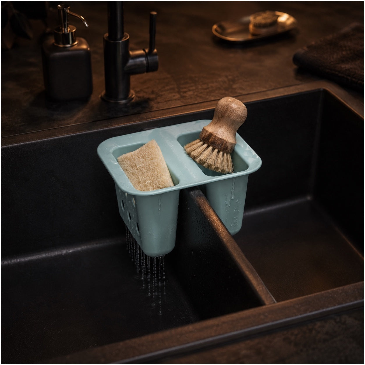 Essential Blue Sink Basket Strainer - Sponge Soap Holder - 16 x 16 x 10 cm