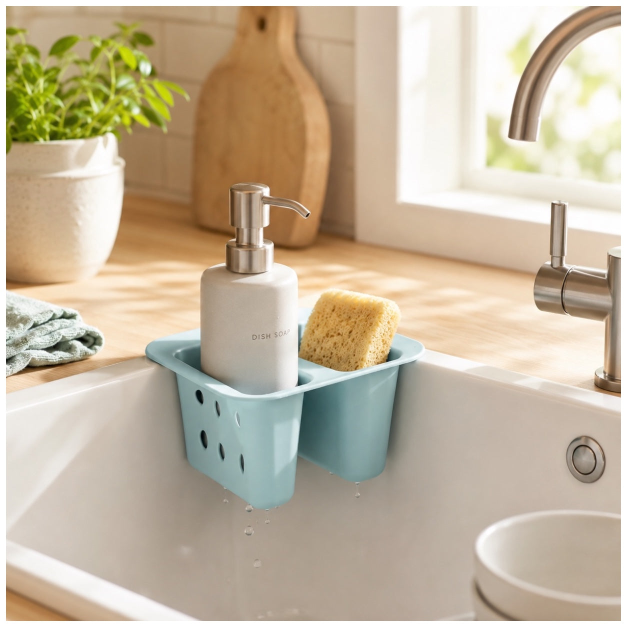 Essential Blue Sink Basket Strainer - Sponge Soap Holder - 16 x 16 x 10 cm