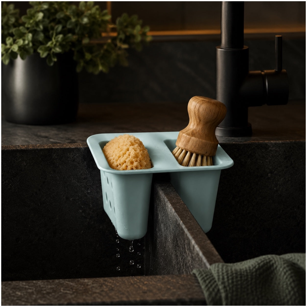 Essential Blue Sink Basket Strainer - Sponge Soap Holder - 16 x 16 x 10 cm