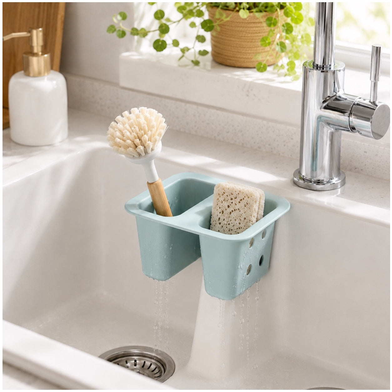 Essential Blue Sink Basket Strainer - Sponge Soap Holder - 16 x 16 x 10 cm