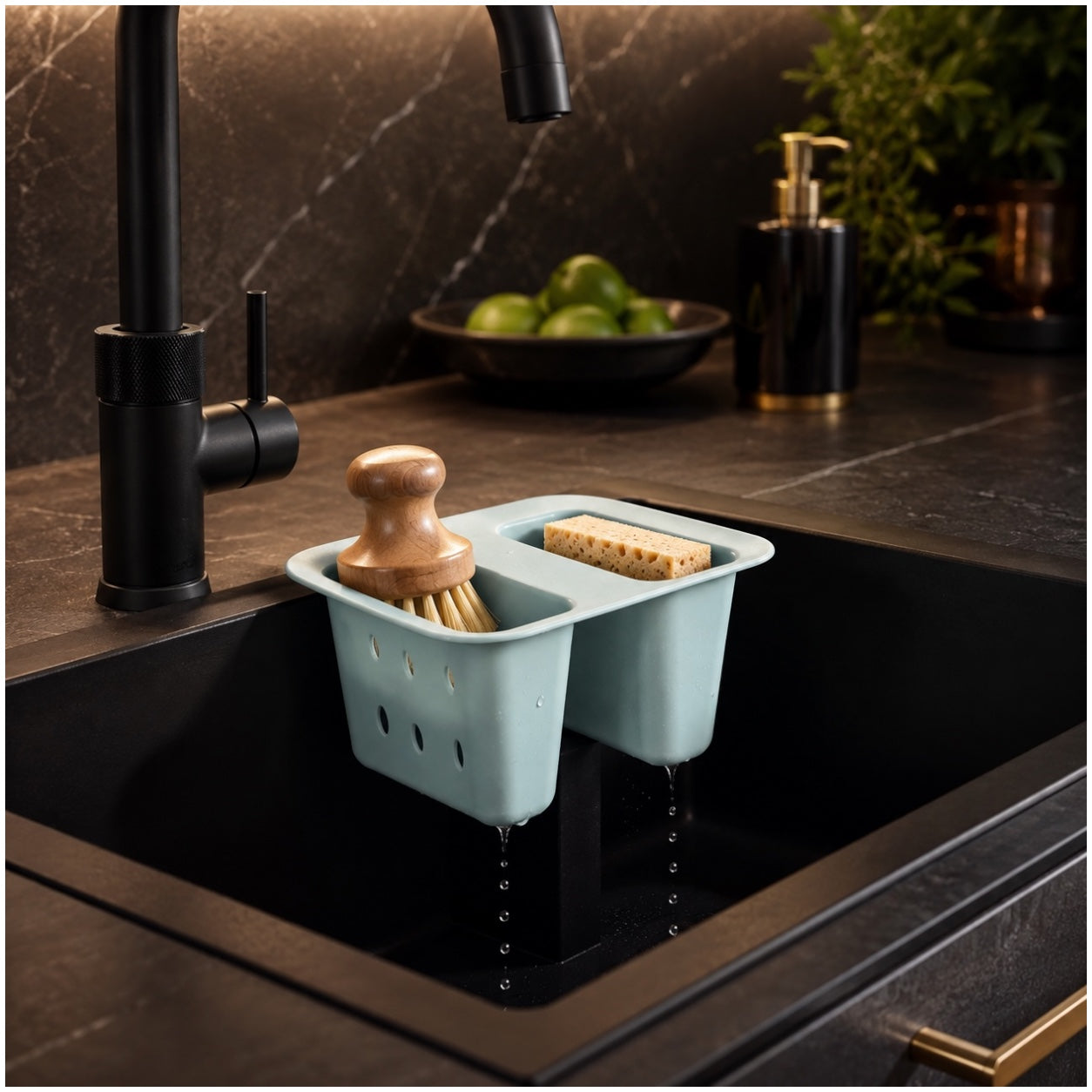 Essential Blue Sink Basket Strainer - Sponge Soap Holder - 16 x 16 x 10 cm