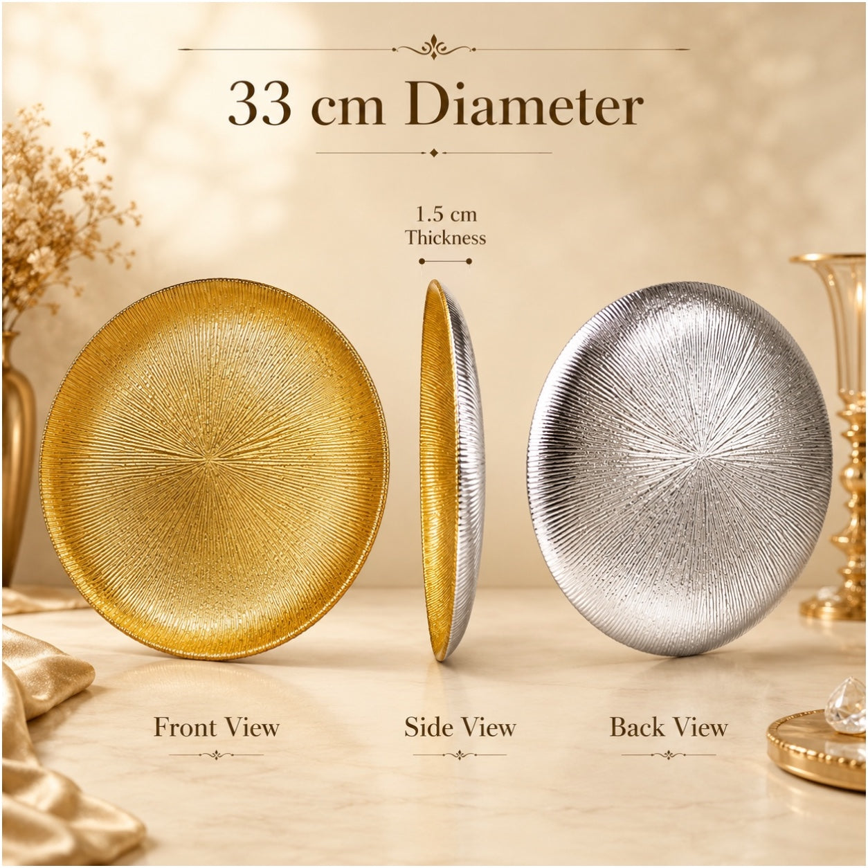 Luxury Gold Textured Round Serving Platter – 33cm Sunburst Modern Tray