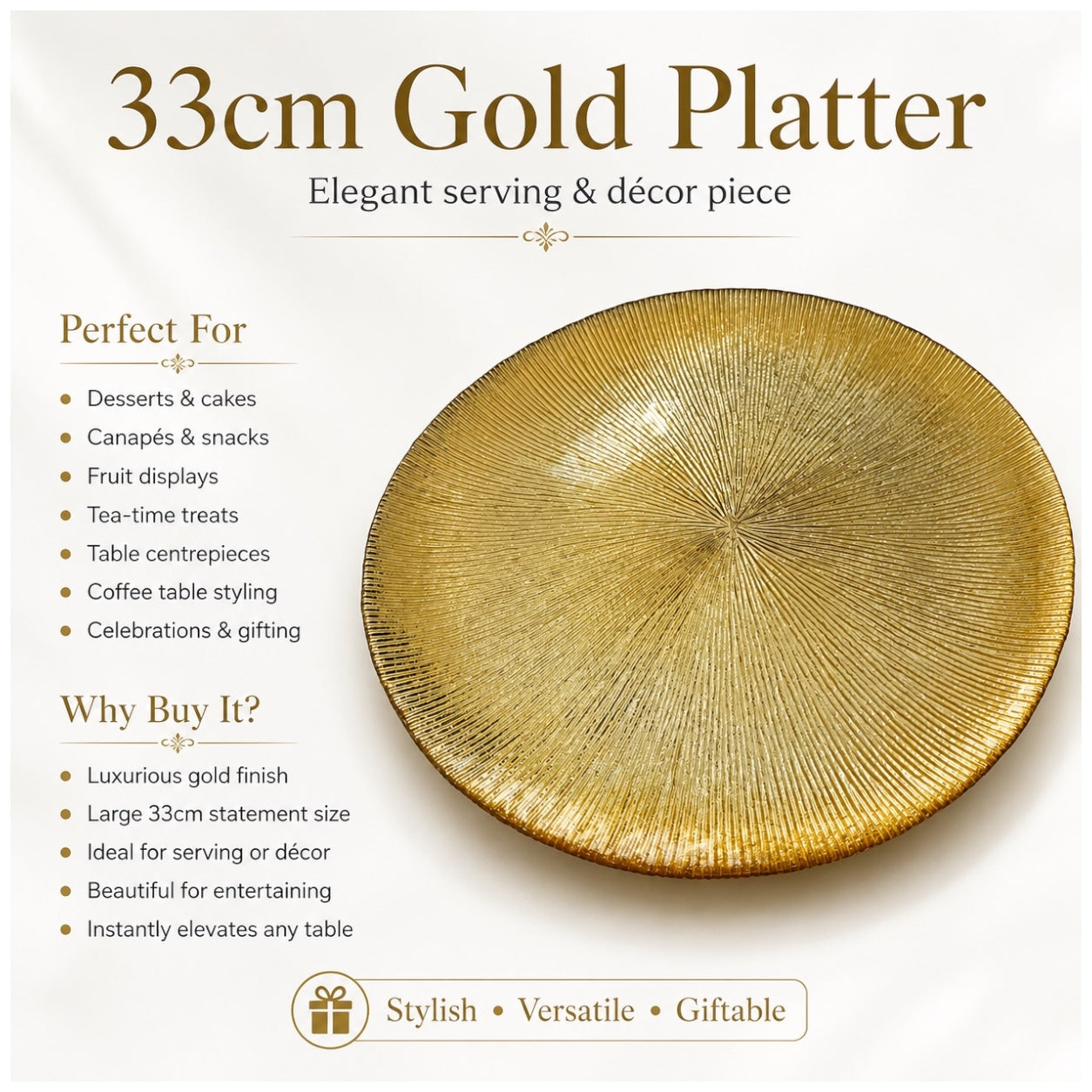 Luxury Gold Textured Round Serving Platter – 33cm Sunburst Modern Tray