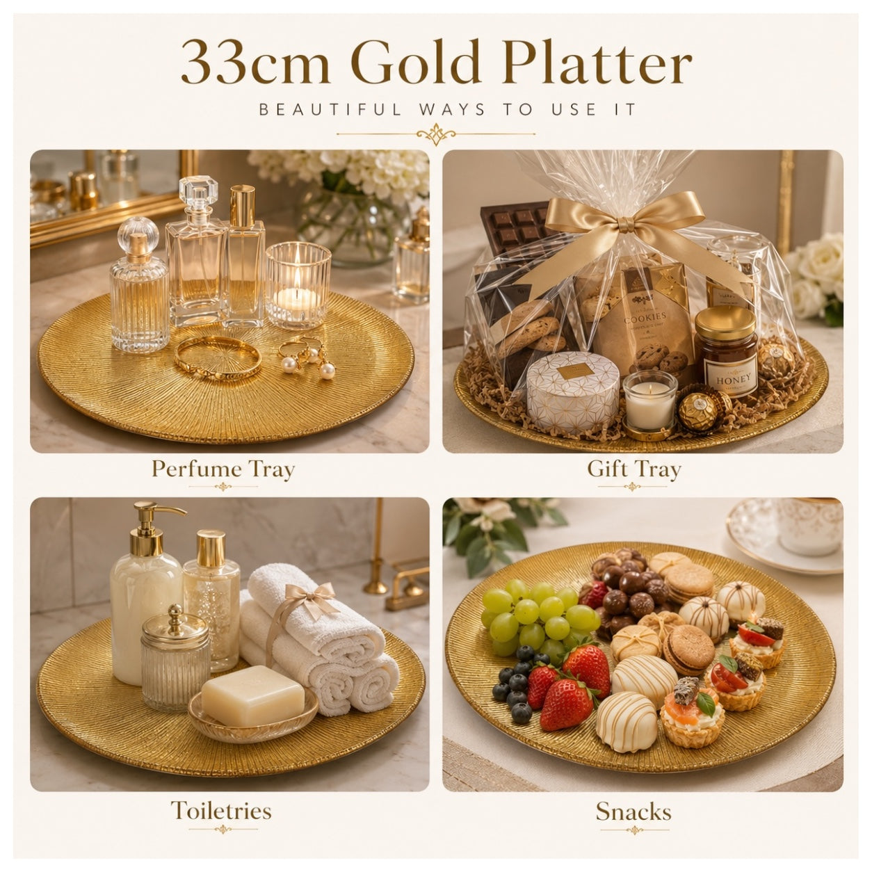 Luxury Gold Textured Round Serving Platter – 33cm Sunburst Modern Tray