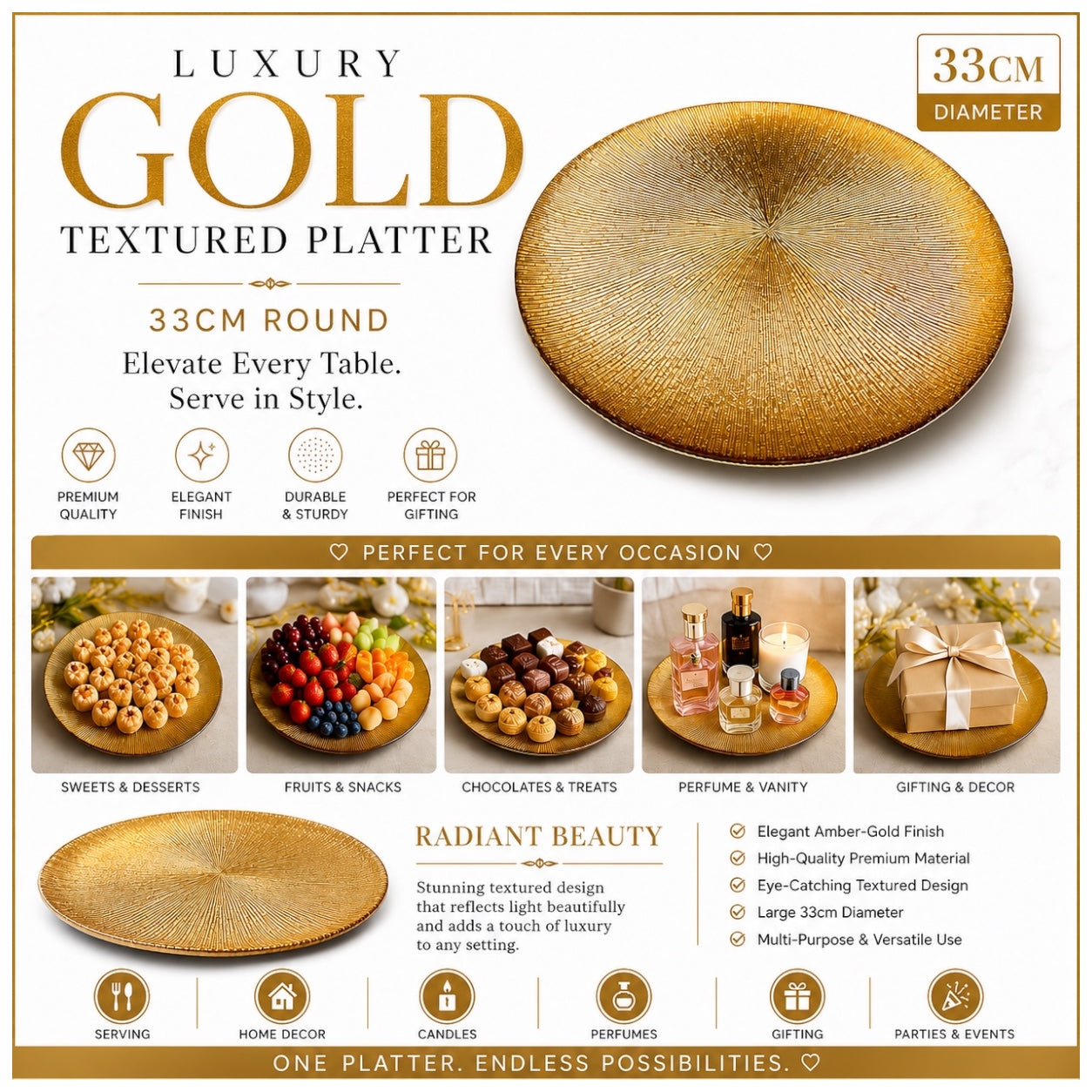 Luxury Gold Textured Round Serving Platter – 33cm Sunburst Modern Tray