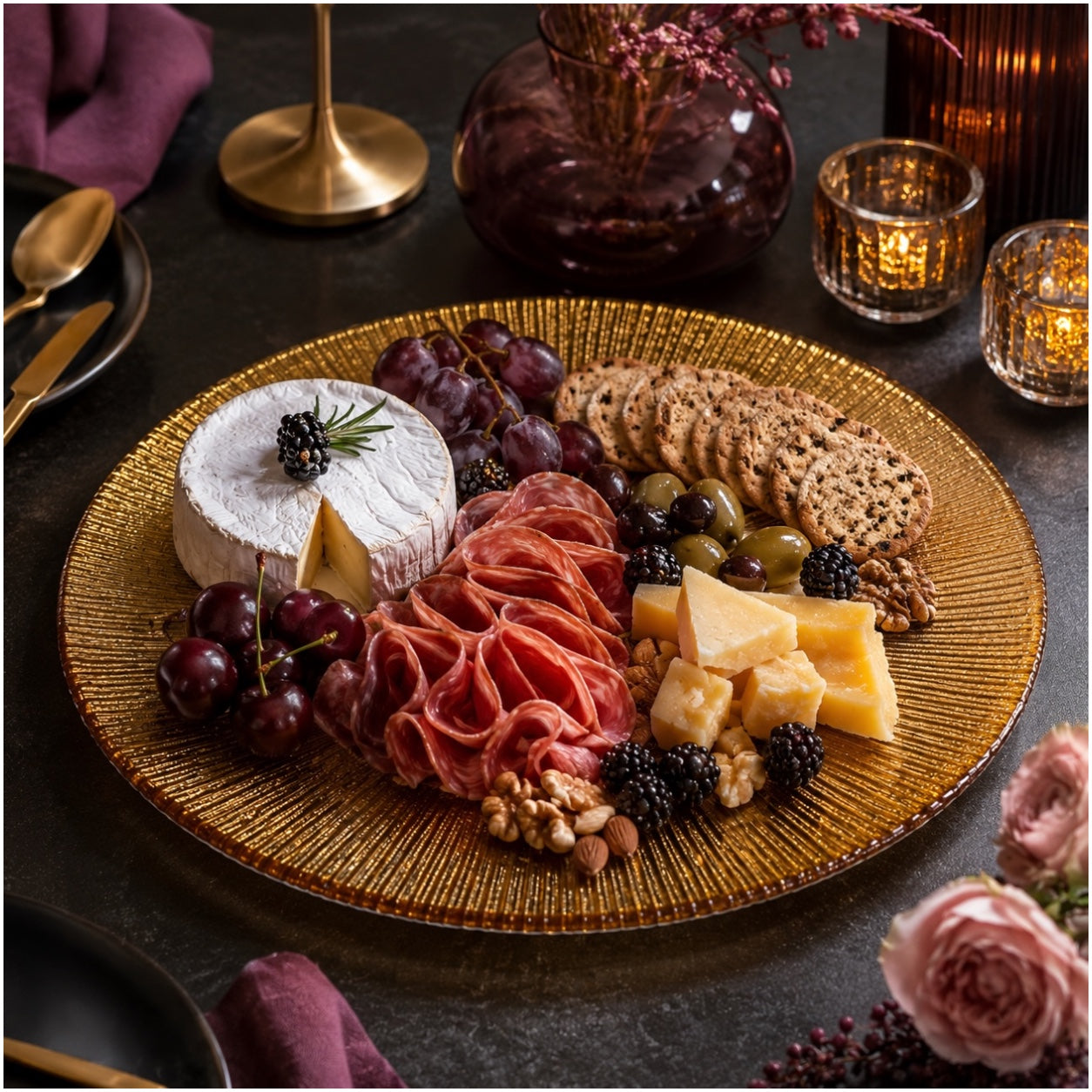 Luxury Gold Textured Round Serving Platter – 33cm Sunburst Modern Tray