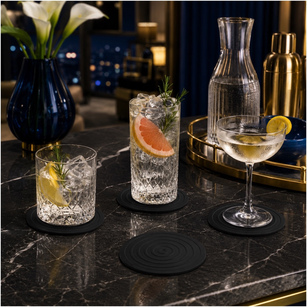 Essential Modern 4 Piece Black Silicone Coaster Set for Cups and Glasses