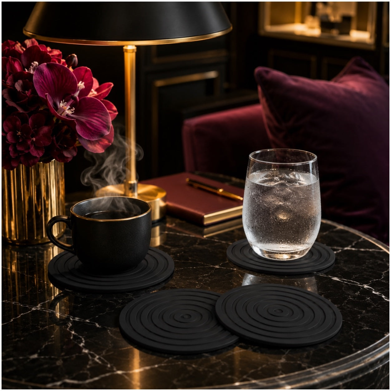 Essential Modern 4 Piece Black Silicone Coaster Set for Cups and Glasses