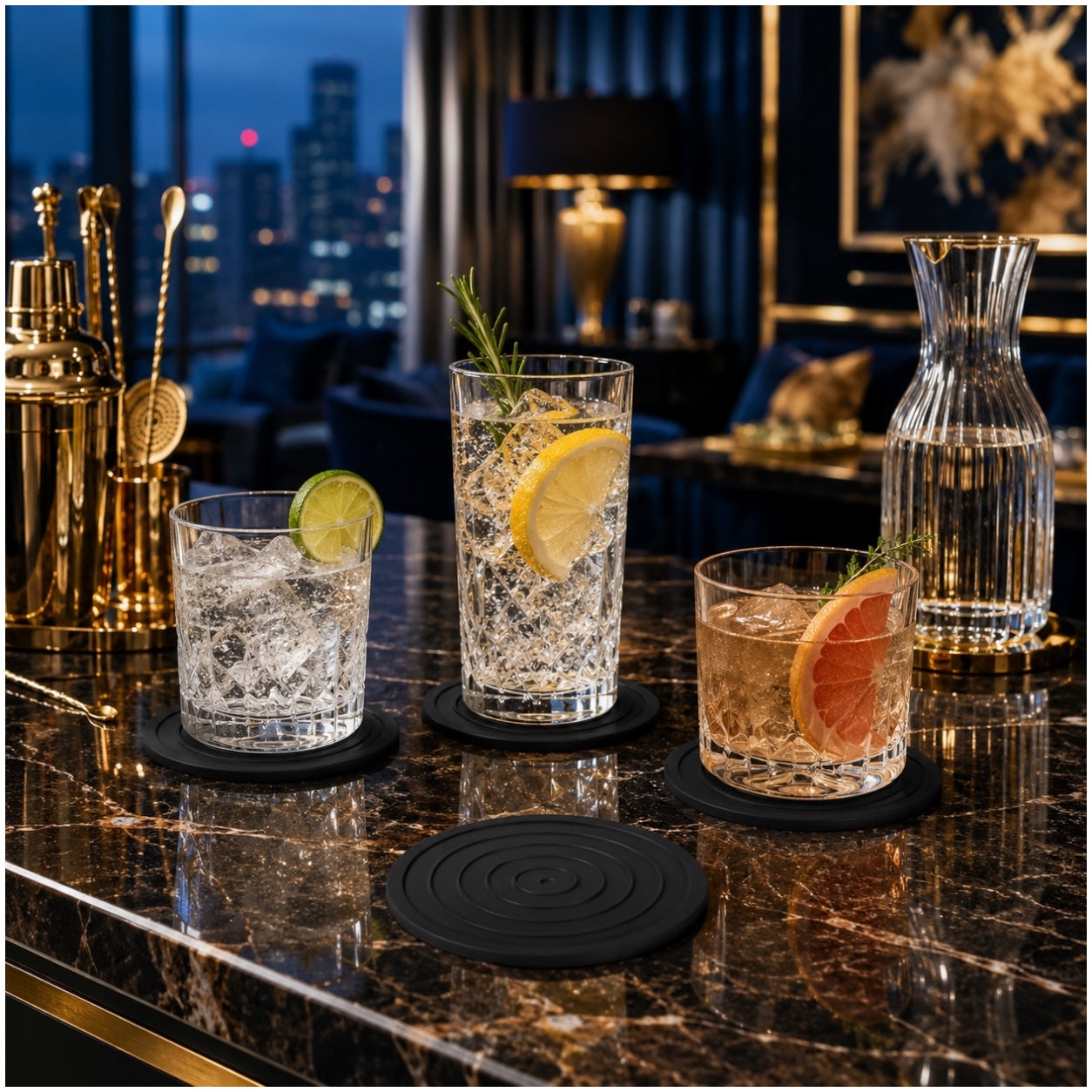 Essential Modern 4 Piece Black Silicone Coaster Set for Cups and Glasses