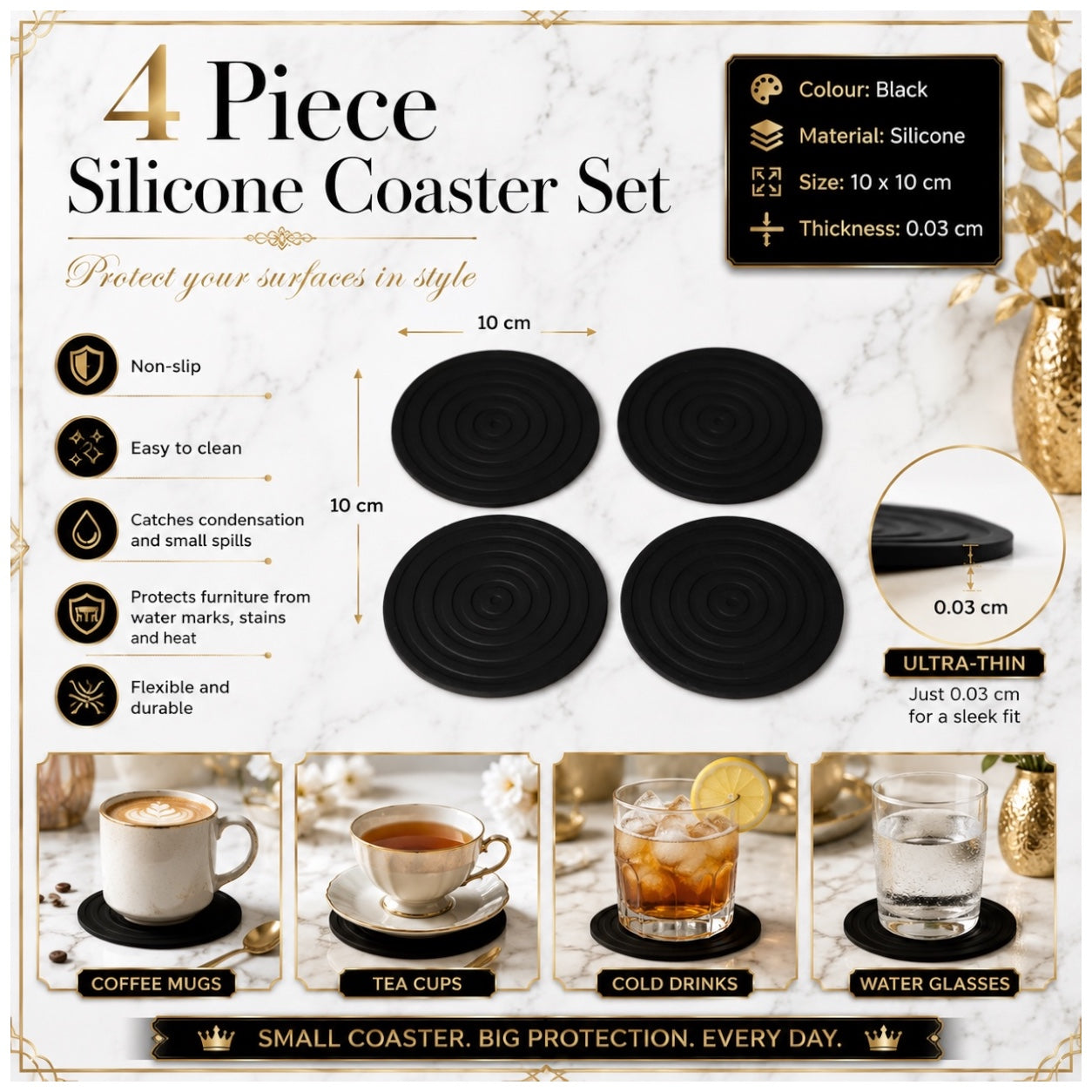 Essential Modern 4 Piece Black Silicone Coaster Set for Cups and Glasses