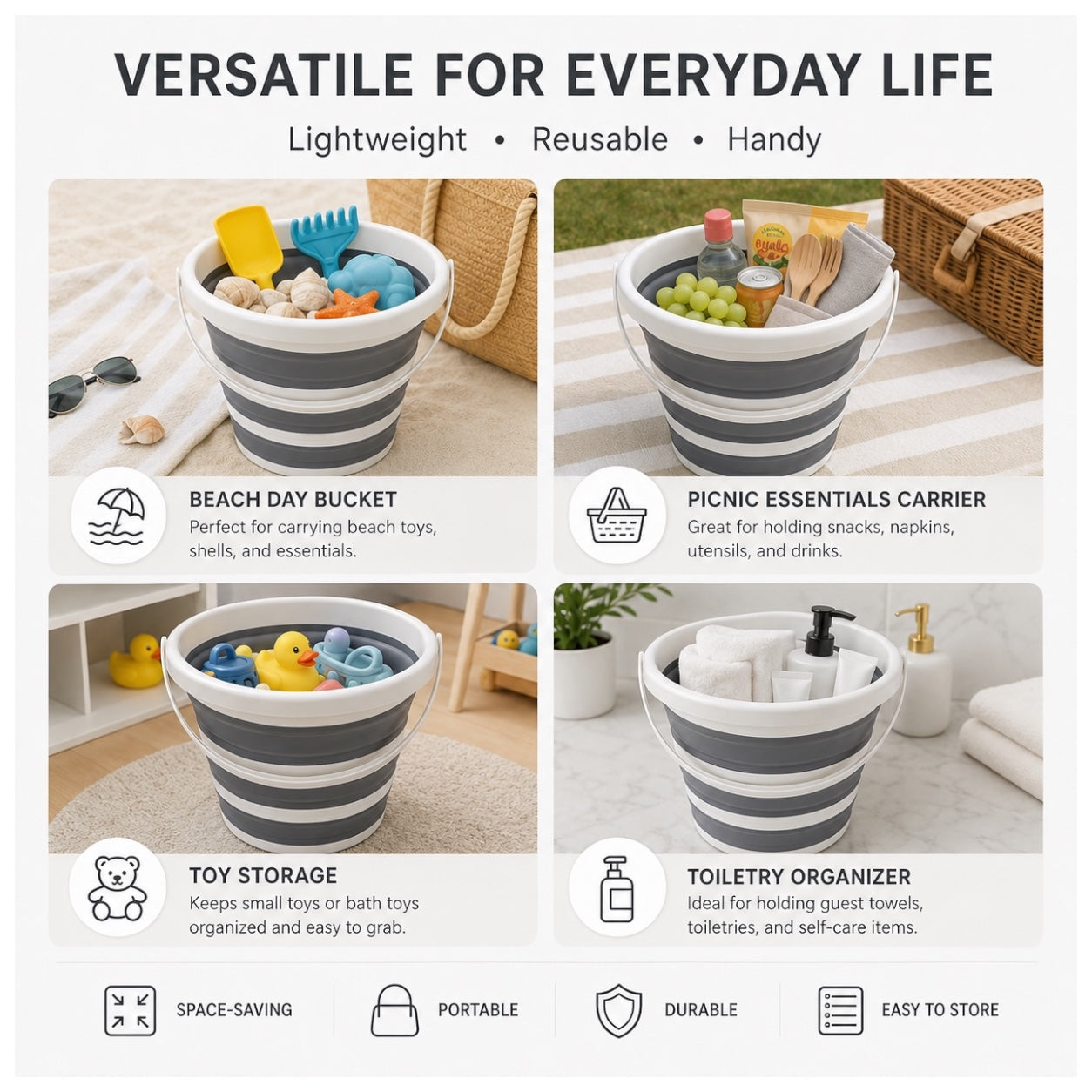 10L Collapsible Ice Bucket White and Grey Portable Space-Saving Bucket