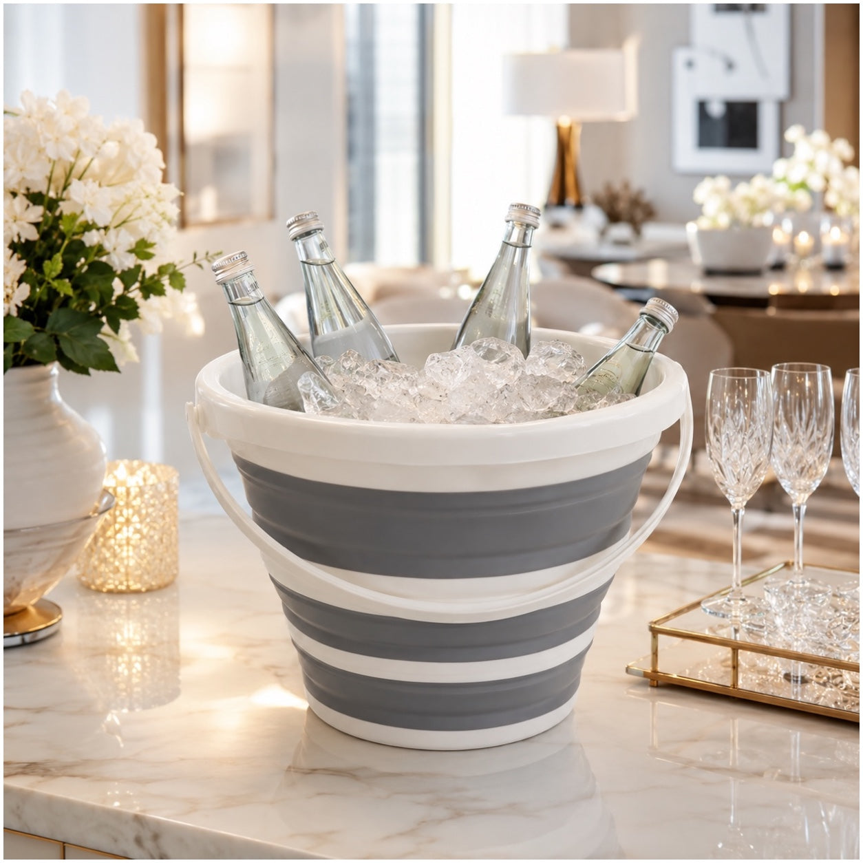 10L Collapsible Ice Bucket White and Grey Portable Space-Saving Bucket