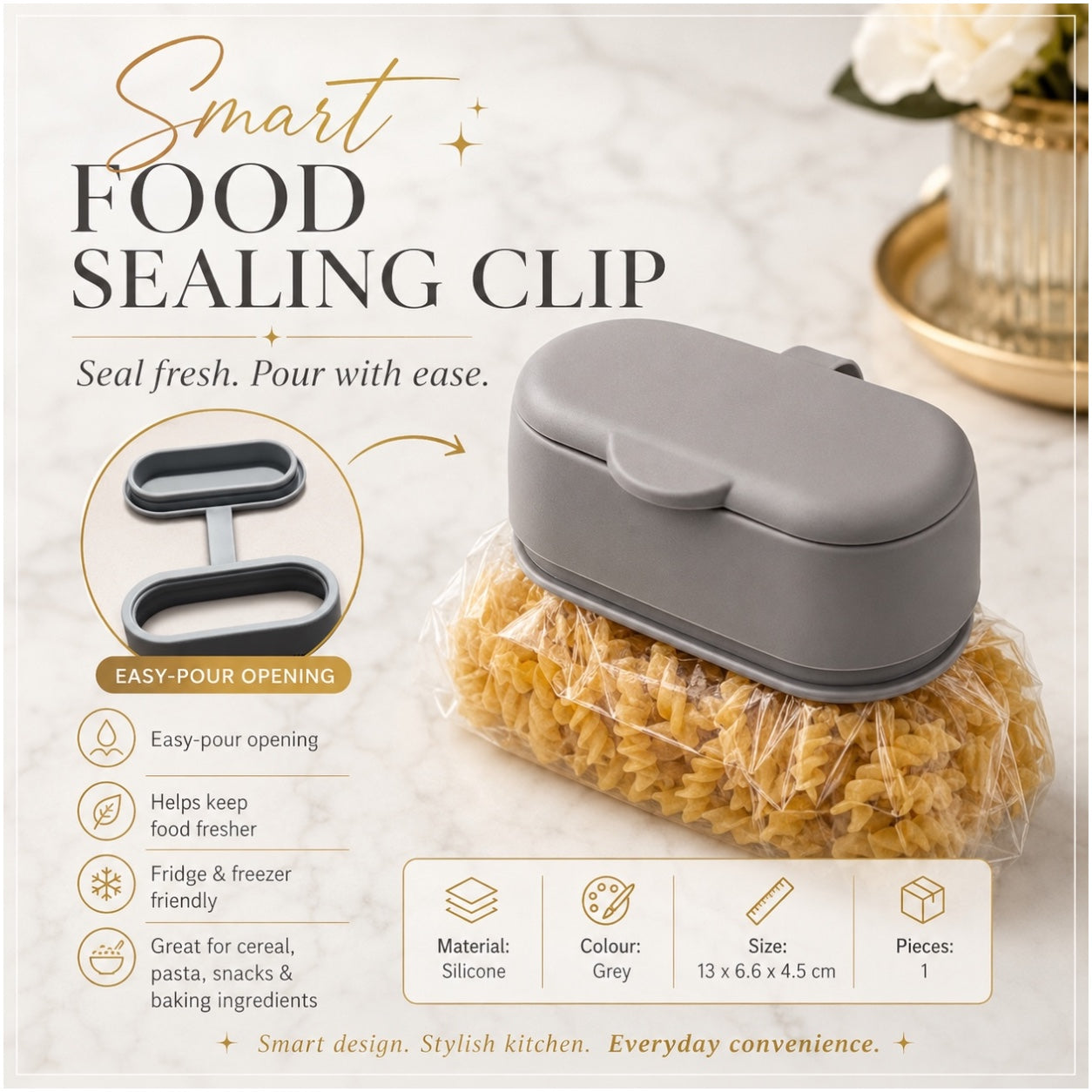 Grey Silicone Food Sealing Clip with Easy Pour Lid - Kitchen Storage - 13cm