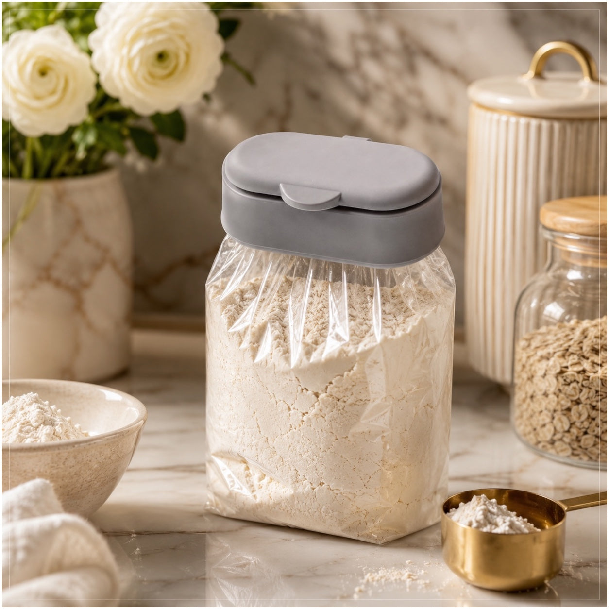 Grey Silicone Food Sealing Clip with Easy Pour Lid - Kitchen Storage - 13cm