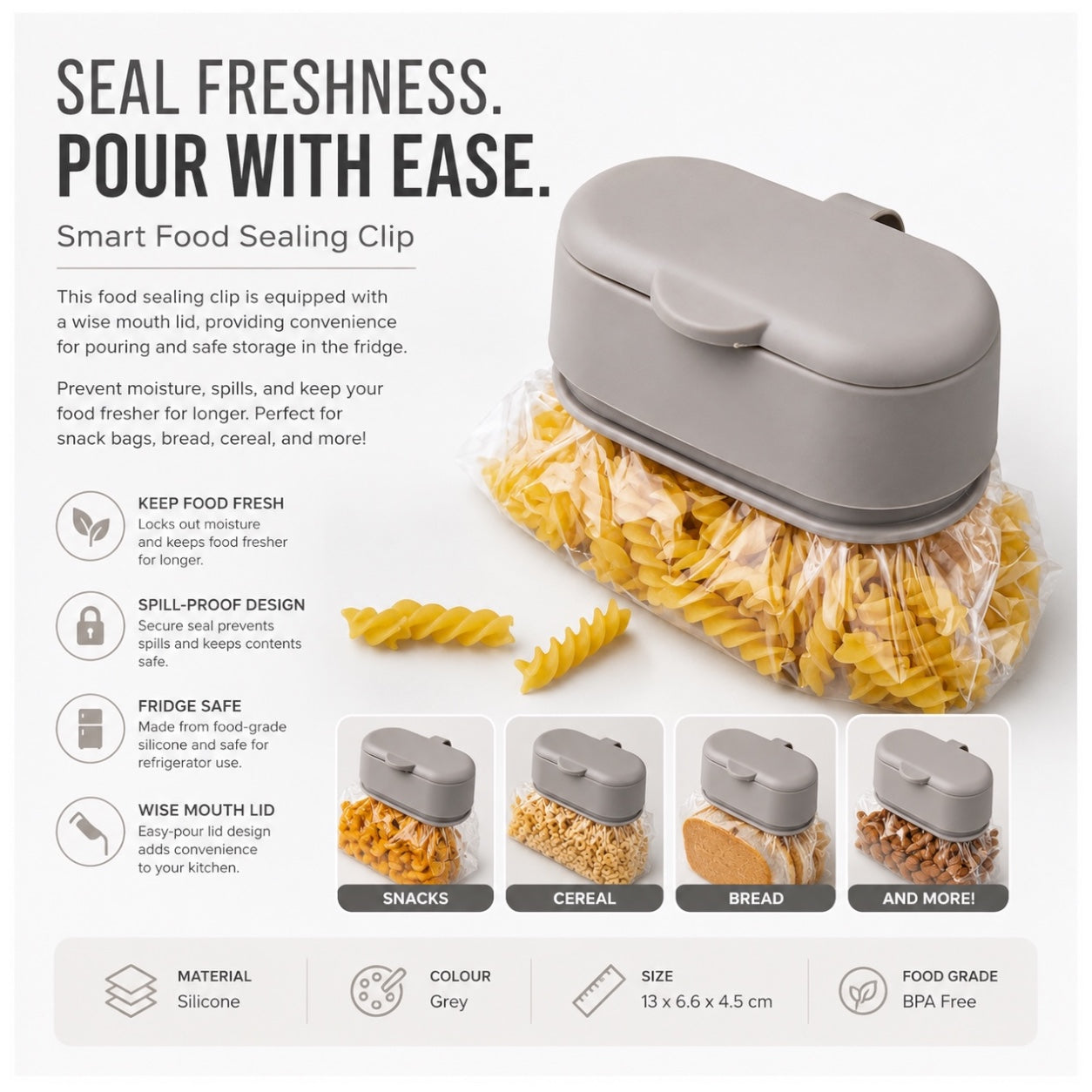 Grey Silicone Food Sealing Clip with Easy Pour Lid - Kitchen Storage - 13cm