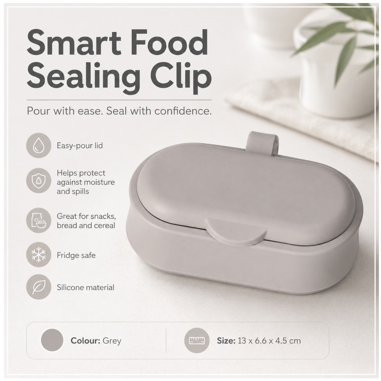 Grey Silicone Food Sealing Clip with Easy Pour Lid - Kitchen Storage - 13cm