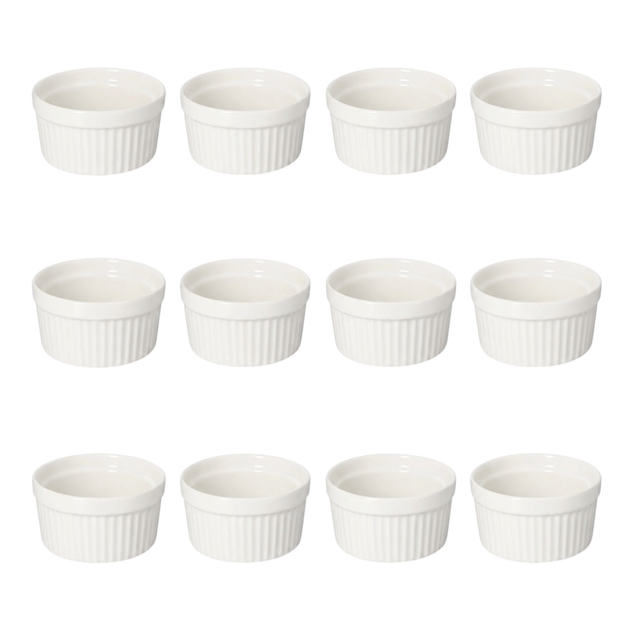 White Porcelain Ramekins Set of 12–Classic Ribbed Dessert and Baking Bowls