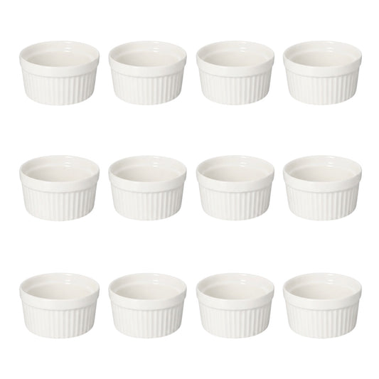 White Porcelain Ramekins Set of 12–Classic Ribbed Dessert and Baking Bowls